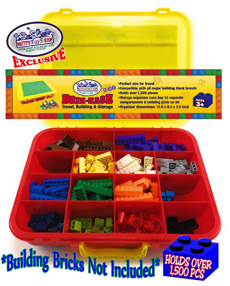 Matty's Toy Stop Brik-Kase 2-GO 13" Travel, Building, Storage & Organizer Container Case with Building Plate Lid (Holds Approx 1,500pcs) - Compatible with All Major Brands (Red, Green & Yellow) - Image 2